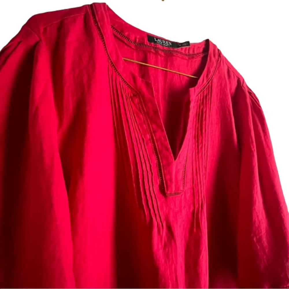 Lauren Ralph Lauren Linen Red V-Neck Peasant Top Embroidered Trim Sleeves Size M - Picture 4 of 8